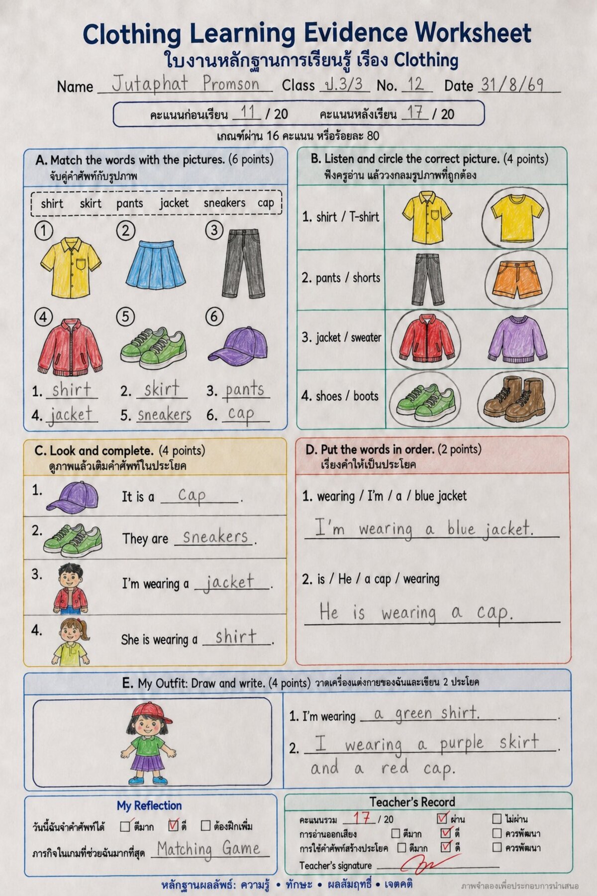ใบงานหลักฐานการเรียนรู้ เรื่อง Clothing ของนักเรียนชั้น ป.3/3 คะแนนก่อนเรียน 11 หลังเรียน 17 จาก 20