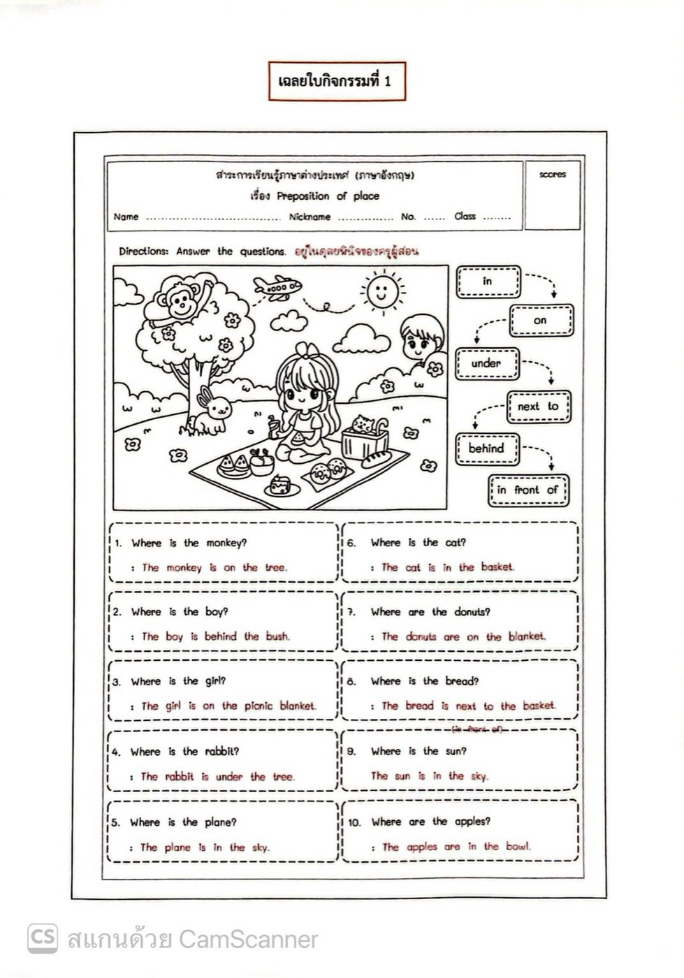 กิจกรรมเฉลยใบงานเรื่อง Preposition of place